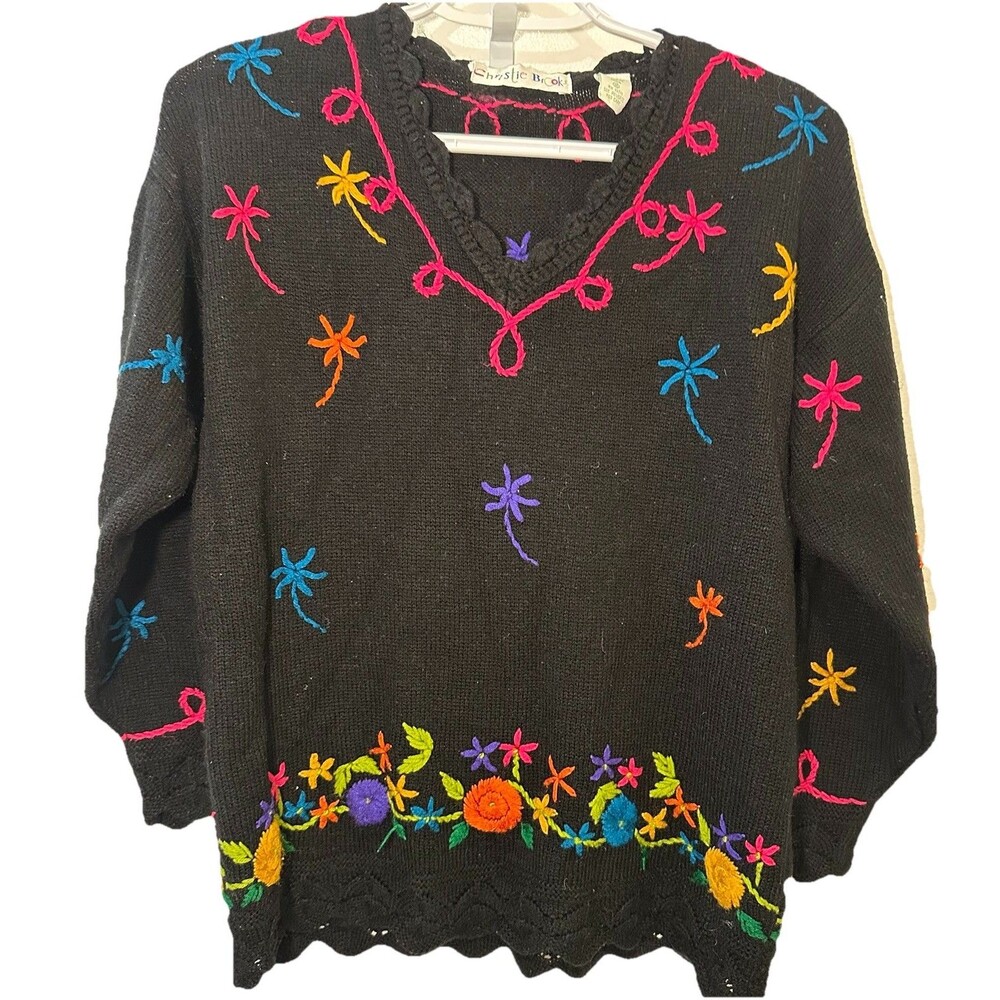 Vintage 90s Christie Brooks Black Ramie Embroidered Floral Sweater Womens Medium
